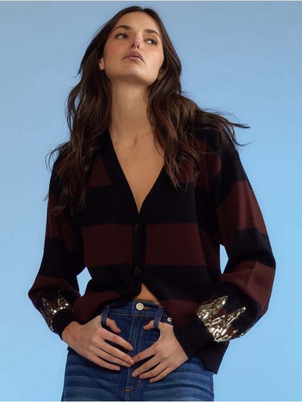 Cynthia Rowley Sequin Embellished Striped Cardigan – Black / Brown